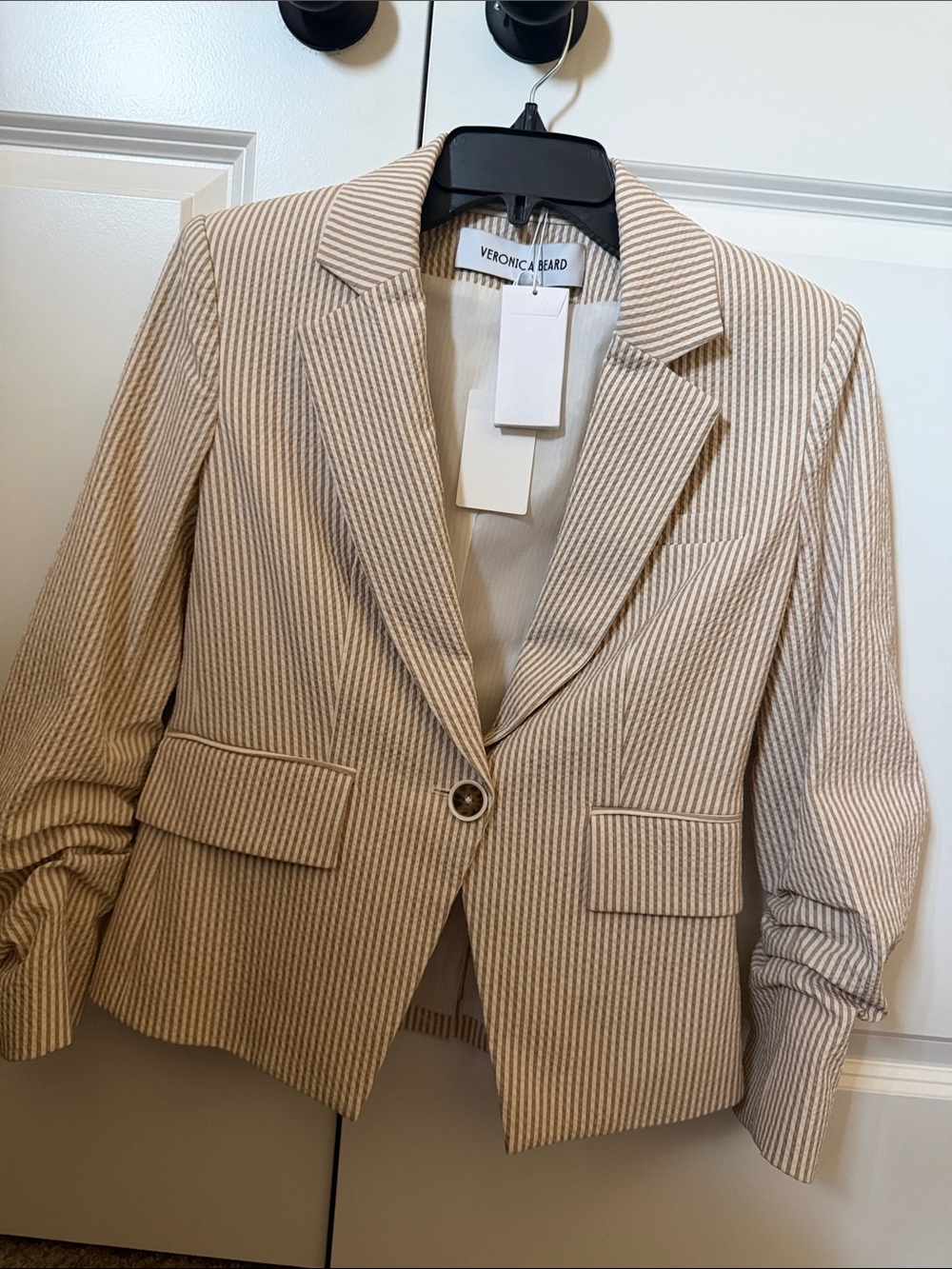 Veronica Beard Aaliyah Dickey Jacket. Khaki/white Striped One-Button Blazer